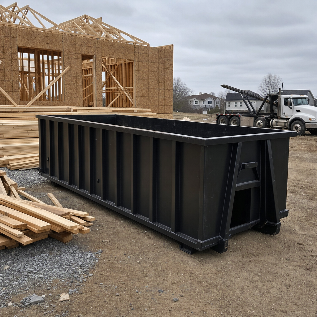 Matte-black 40-yard roll-off dumpster staged on a framed-out residential construction site in Brooklyn Park, framing lumber stacked nearby, hooklift delivery truck visible in the background under bright Colorado daylight