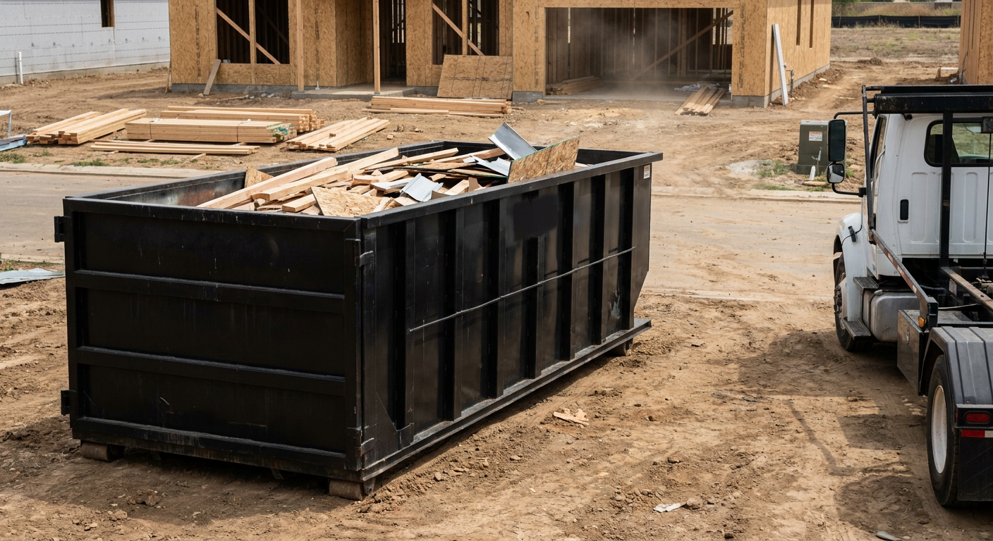 Matte-black 20-yard roll-off construction dumpster with heavy ribbed steel sidewalls and swing rear doors at a working jobsite in Brooklyn Park, sitting directly on compacted dirt with an unmarked white hauler partially visible at the far edge of the frame.