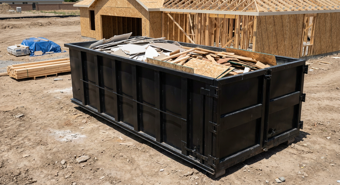 Matte-black 30-yard roll-off construction dumpster sitting directly on the compacted-dirt site of a framed single-family home build in Brooklyn Park, drywall and lumber scrap loaded inside.