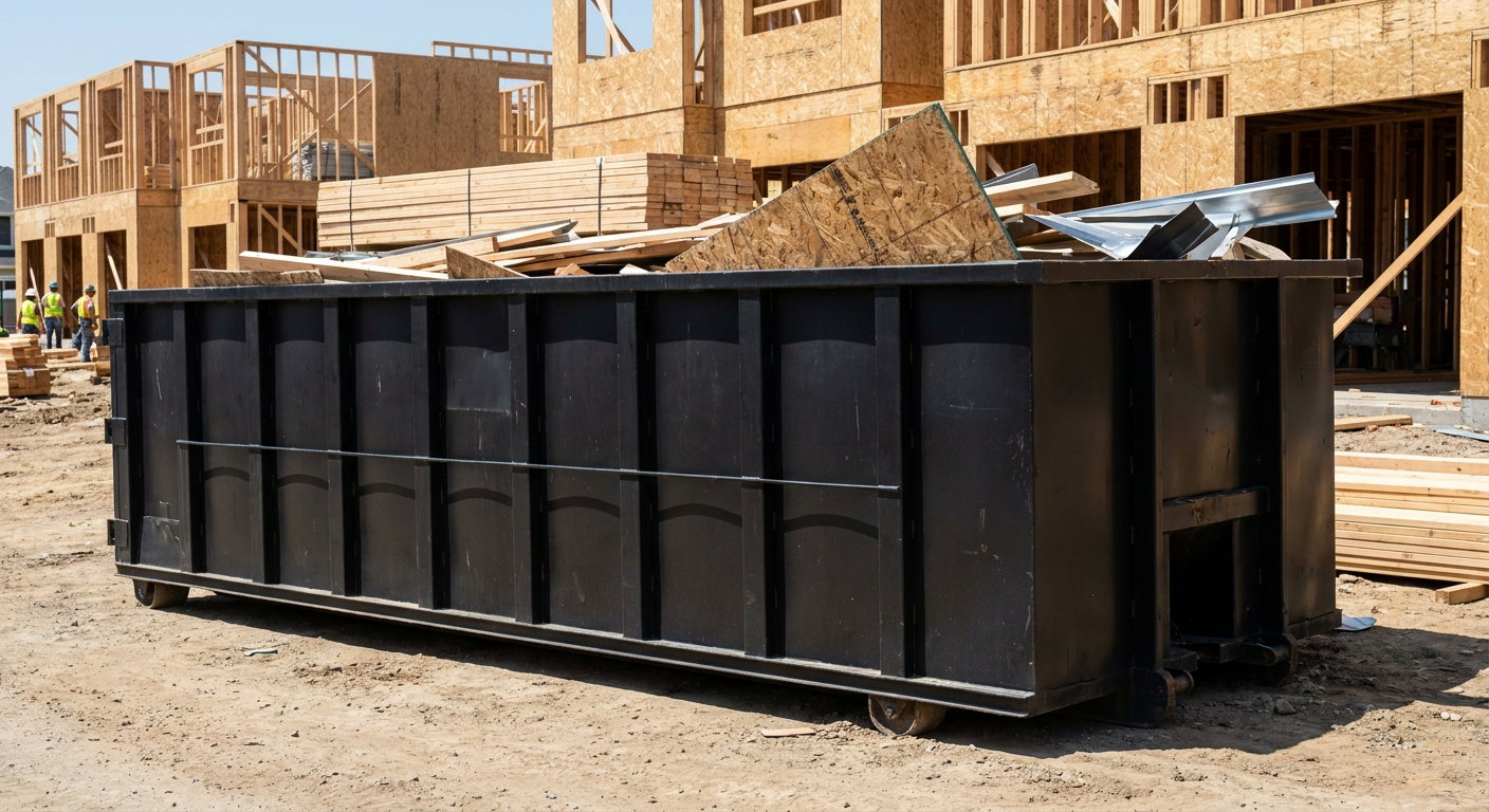 Matte-black 40-yard roll-off construction dumpster being lowered from a white-cab hooklift delivery truck onto the compacted-dirt jobsite at a commercial build site in Brooklyn Park