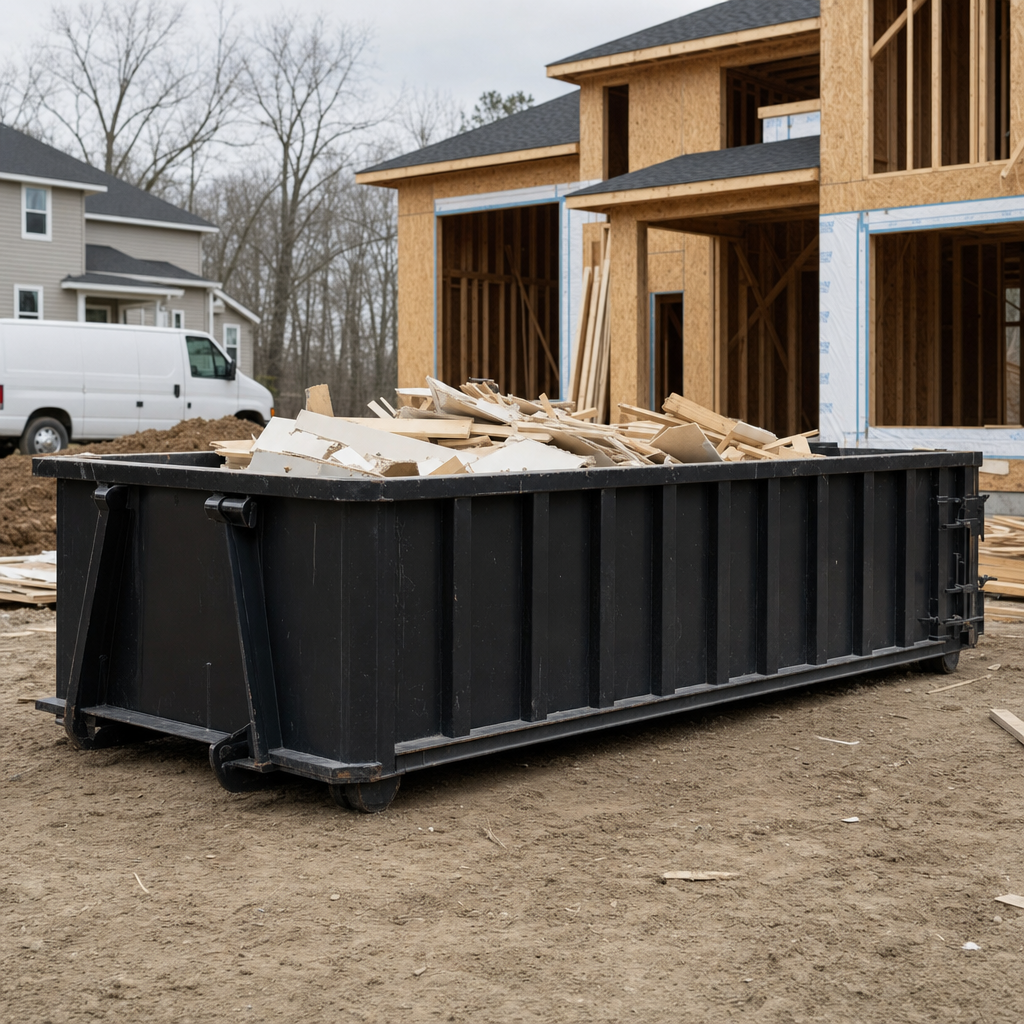 Worker in a yellow high-visibility vest tossing framing lumber and broken drywall into a matte-black 30-yard construction roll-off dumpster on an active build site in Brooklyn Park, bright daylight