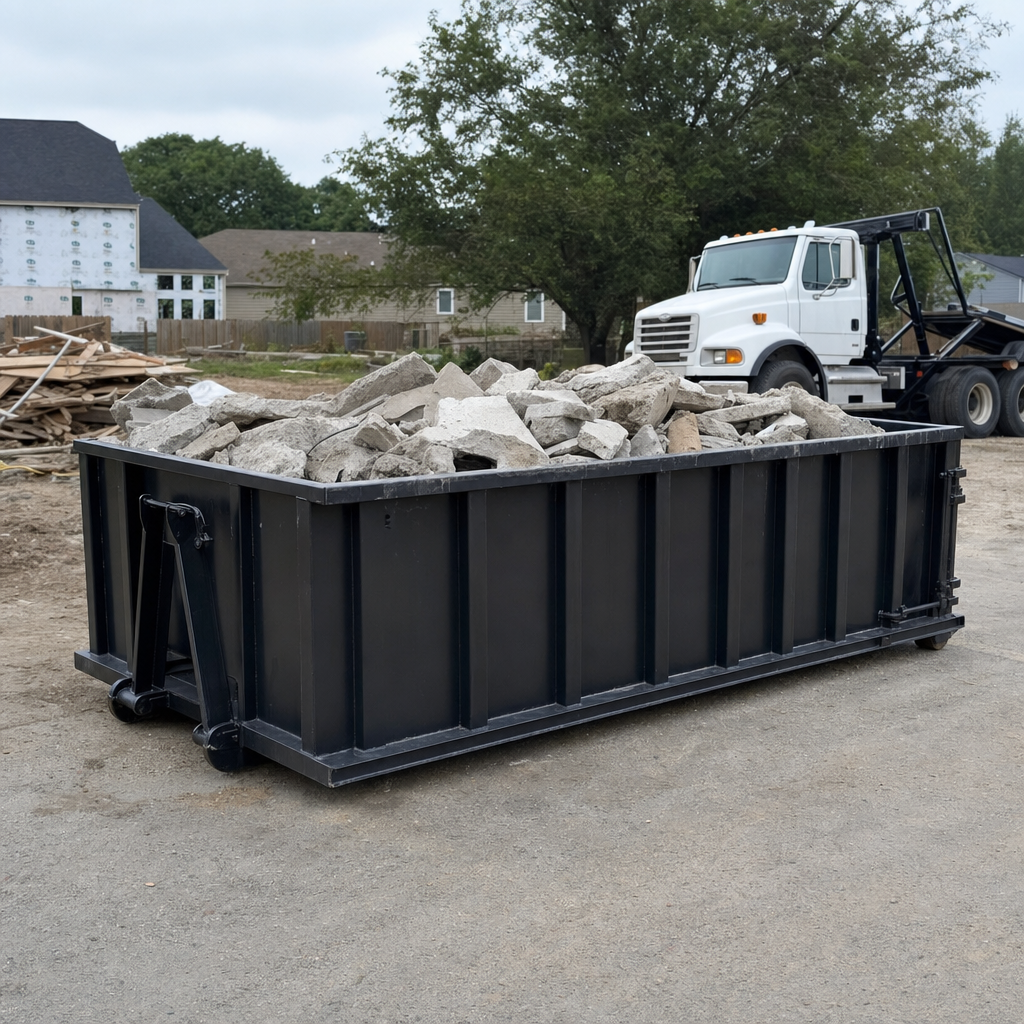 Low-profile matte-black lowboy roll-off dumpster loaded with broken concrete slab and rebar at a foundation tear-out in Brooklyn Park, skid steer parked beside it, sunny Colorado morning