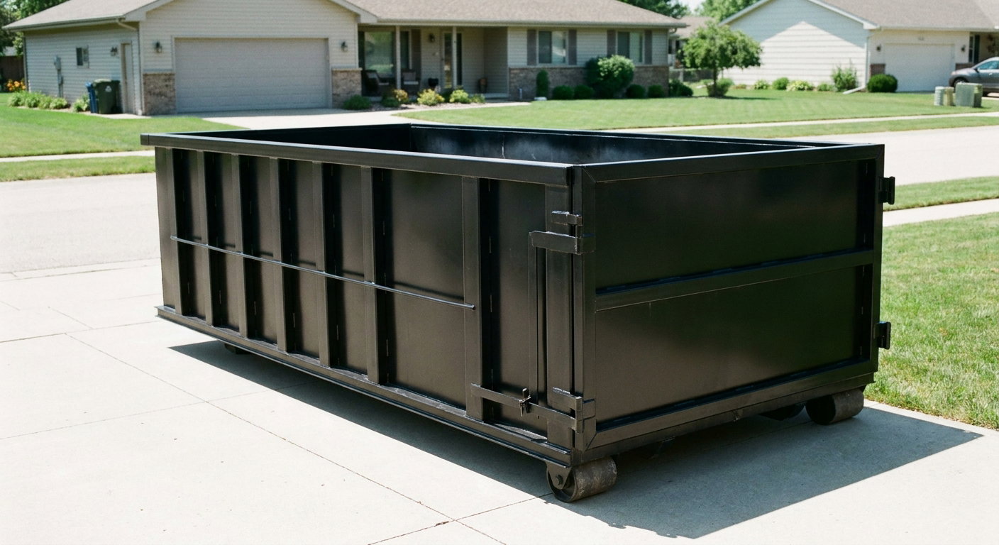 Matte-black 10-yard roll-off dumpster on a residential concrete driveway in Brooklyn Park, uniformly painted matte black across every panel and rail, ribbed steel sidewalls and rear swing door visible, mid-day daylight.