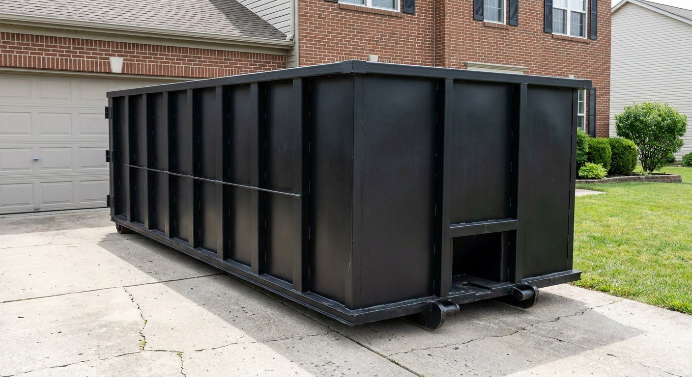 Matte-black 20-yard roll-off container on a Brooklyn Park residential concrete driveway with reinforced ribbed steel sidewalls and a hinged rear walk-in door, clean bright daylight.