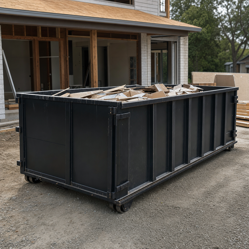 Large matte-black 30-yard construction roll-off dumpster at an active Brooklyn Park jobsite, steel-gray top rails and bottom rollers visible, loaded with construction debris.