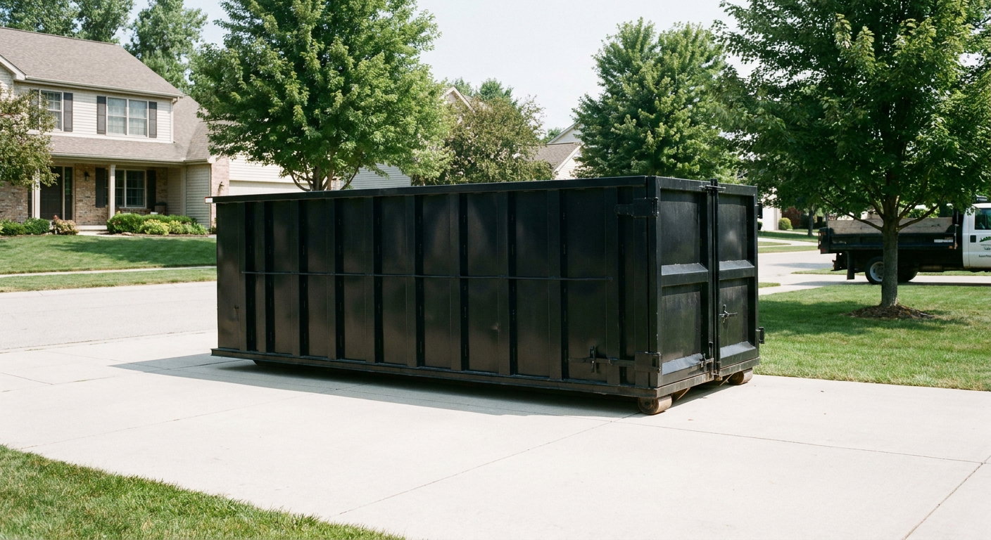 Matte-black 20-yard roll-off dumpster sitting level on a clean Brooklyn Park residential concrete driveway under bright daylight, demonstrating clean placement directly on the concrete.