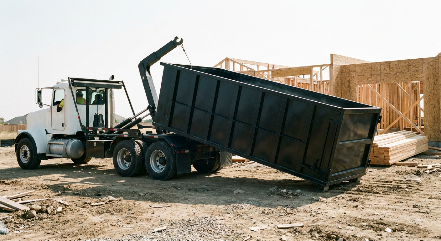 Matte-black roll-off dumpster being delivered onto a clean residential concrete driveway in Brooklyn Park by an unmarked white hooklift hauler truck, bright morning daylight, documentary 35mm perspective.
