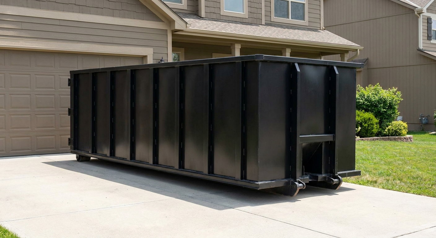 Matte-black residential roll-off dumpster sitting directly on a suburban Brooklyn Park concrete driveway, garage door closed, single-family home in background, bright morning daylight.