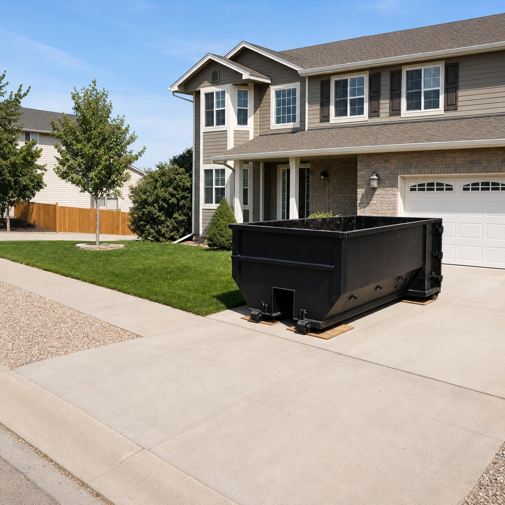 10-yard matte-black residential dumpster placed directly on a narrow Brooklyn Park concrete driveway, room remains for a parked sedan beside it, mid-morning natural light