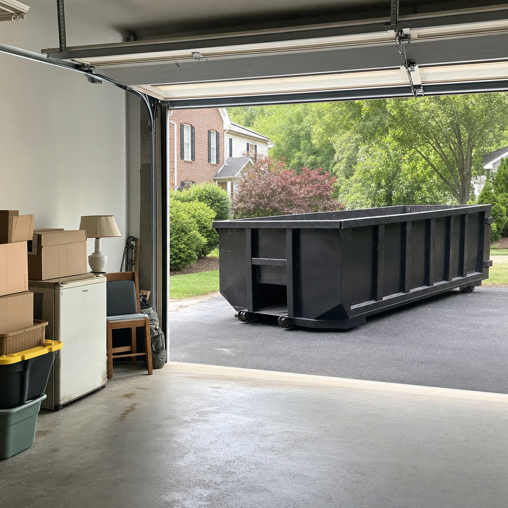 Open garage interior in a Brooklyn Park home mid-cleanout — boxed items, an old appliance, and stacked yard tools queued near the driveway for a matte-black roll-off dumpster, organized and calm