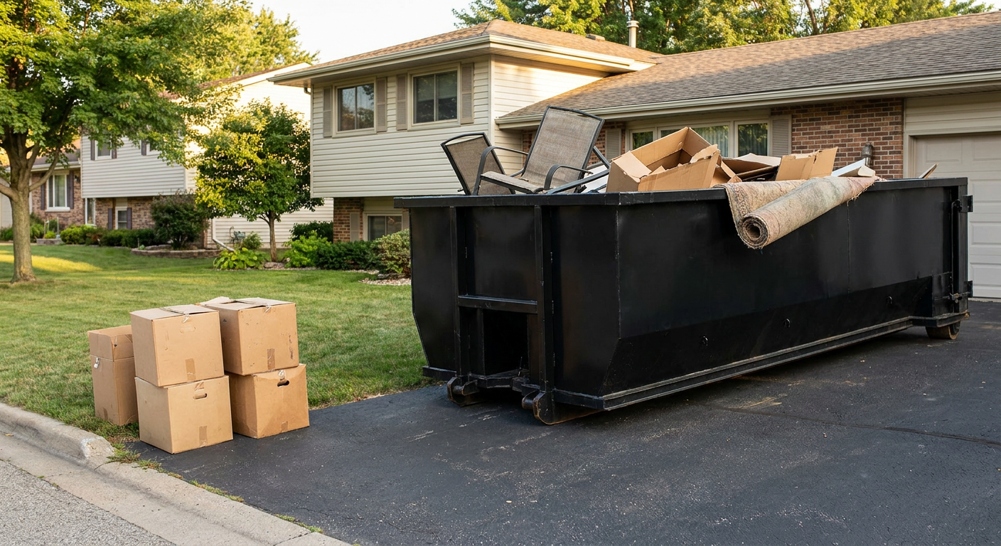 Front-yard view of a Brooklyn Park split-level home with a 20-yard matte-black roll-off dumpster sitting directly on the asphalt driveway, a few clearly labeled donation boxes staged at the curb, calm sunny afternoon.