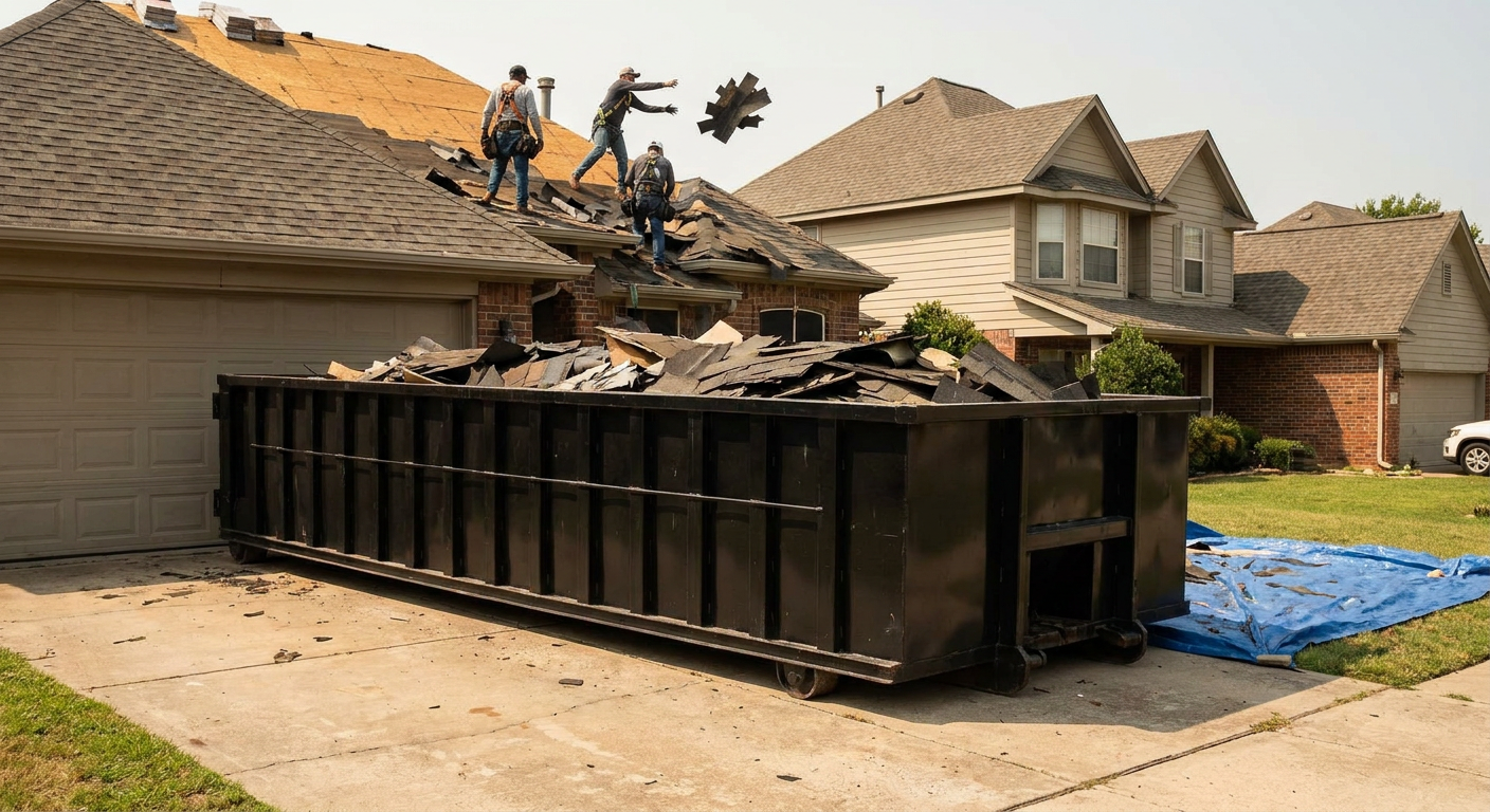Matte-black roofing roll-off dumpster placed directly on a Brooklyn Park residential concrete driveway, a tear-off crew on a two-story asphalt-shingle roof tossing shingle bundles into the low-walled container, bright daylight, documentary 35mm perspective.