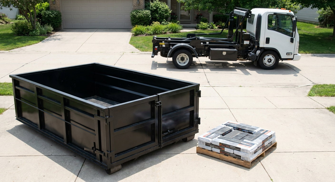 Matte-black 15-yard roofing roll-off dumpster with reinforced low side walls sitting directly on a Brooklyn Park residential concrete driveway, three-tab asphalt shingle bundles stacked nearby, an unmarked white hauler truck partially visible at the edge of the frame.