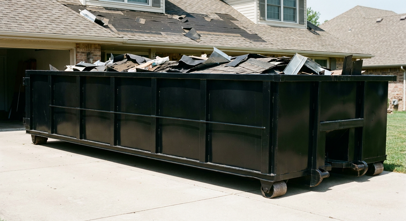 Matte-black 20-yard roofing roll-off dumpster with steel ribbed sides and swinging rear door, sitting directly on the concrete driveway of a two-story Brooklyn Park home, asphalt shingle debris being loaded over the low wall, clean documentary lighting.