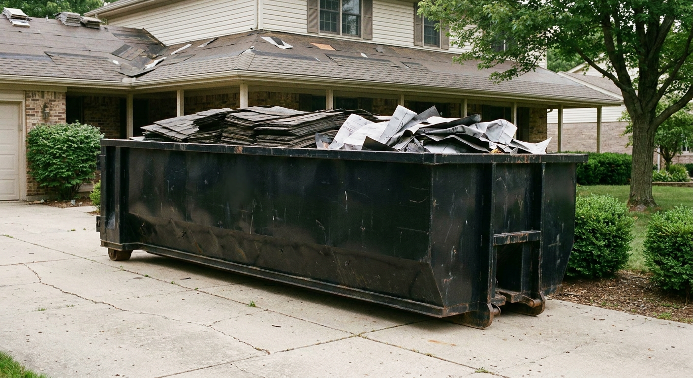 Matte-black 30-yard roofing roll-off dumpster sitting directly on a Brooklyn Park concrete driveway, taller ribbed steel side panels, mixed tear-off debris of asphalt shingles and underlayment inside, professional documentary daylight.