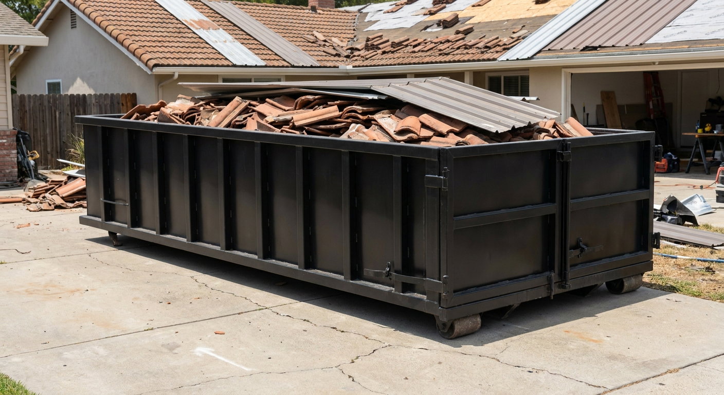 Matte-black low-wall heavy-debris roofing roll-off dumpster sitting directly on a Brooklyn Park concrete driveway, broken concrete clay roof tiles and metal panel sections loaded inside, reinforced ribbed steel side walls visible, bright outdoor daylight.