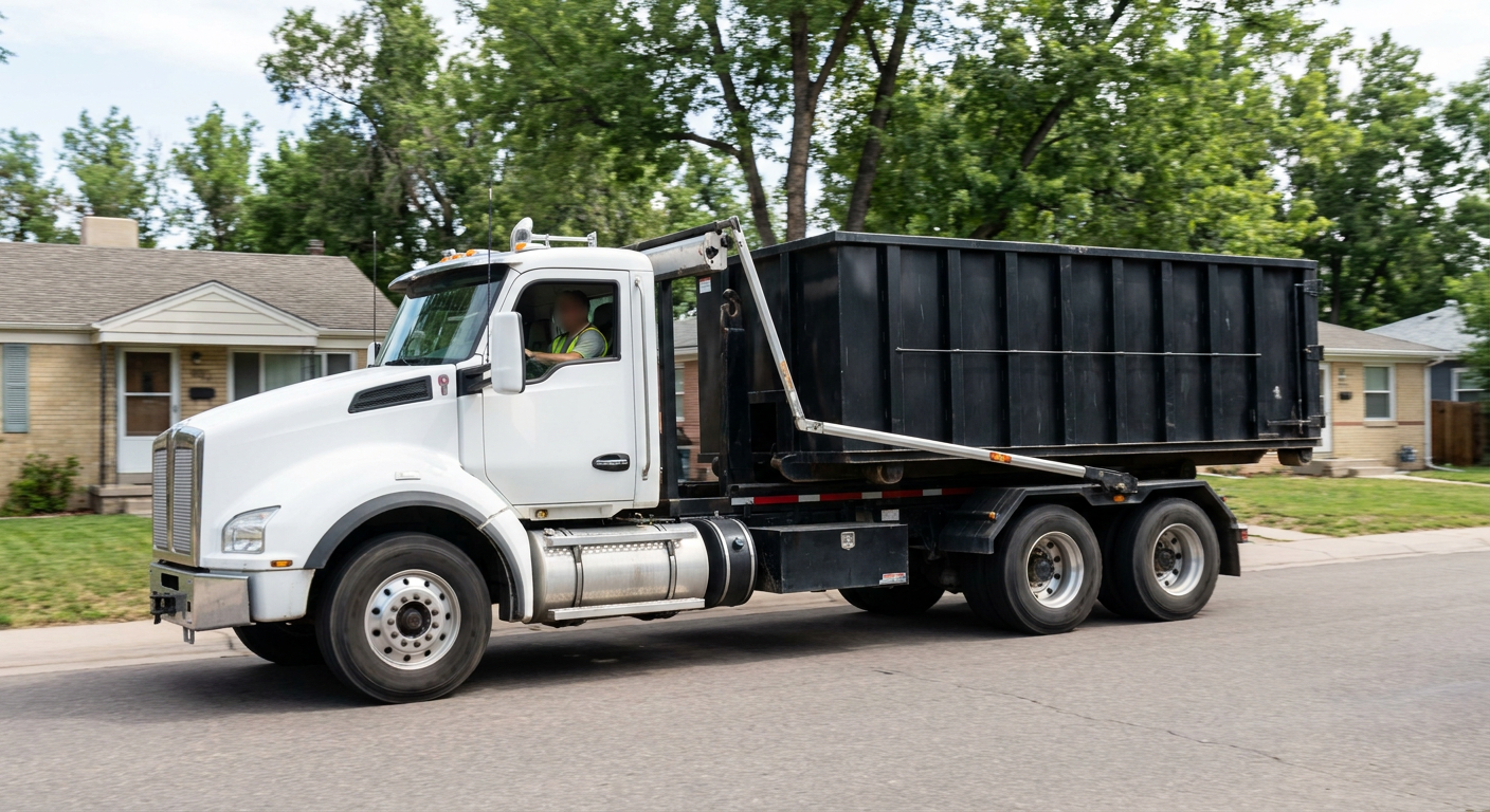 A wide documentary shot of a matte-black roll-off delivery truck pulling onto a quiet Brooklyn Park residential street at mid-morning, with neighborhood rooftops and tree-lined blocks visible behind, showing the metro coverage footprint.