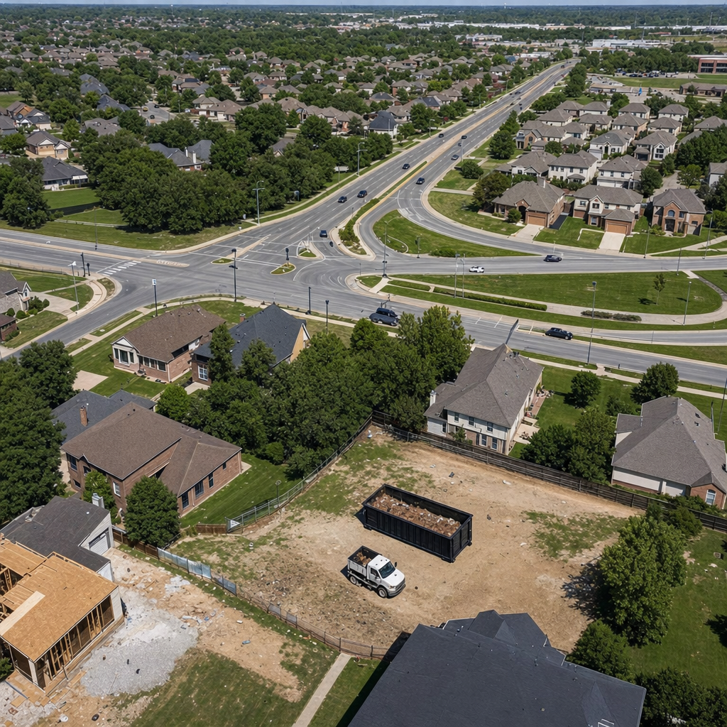 An overhead documentary view of the Brooklyn Park metro area at midday, showing the spread of neighborhoods, arterial roads, and the dispatch radius from a central yard — clean daylight, organized geographic layout.