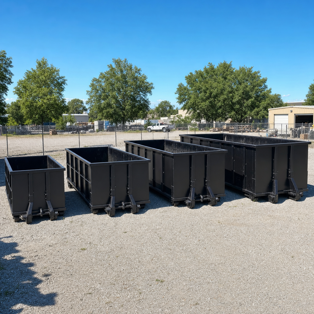 A clean lineup of matte-black roll-off dumpsters in 10, 20, 30, and 40-yard sizes staged on a sunlit gravel yard in Brooklyn Park, showing the size progression from compact to commercial-scale containers.