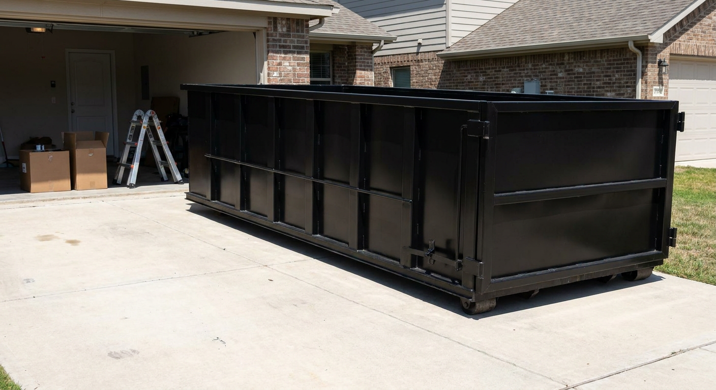 A matte-black 10-yard roll-off dumpster sitting directly on a residential Brooklyn Park concrete driveway, mid-day sunlight, clean and ready for a garage cleanout.