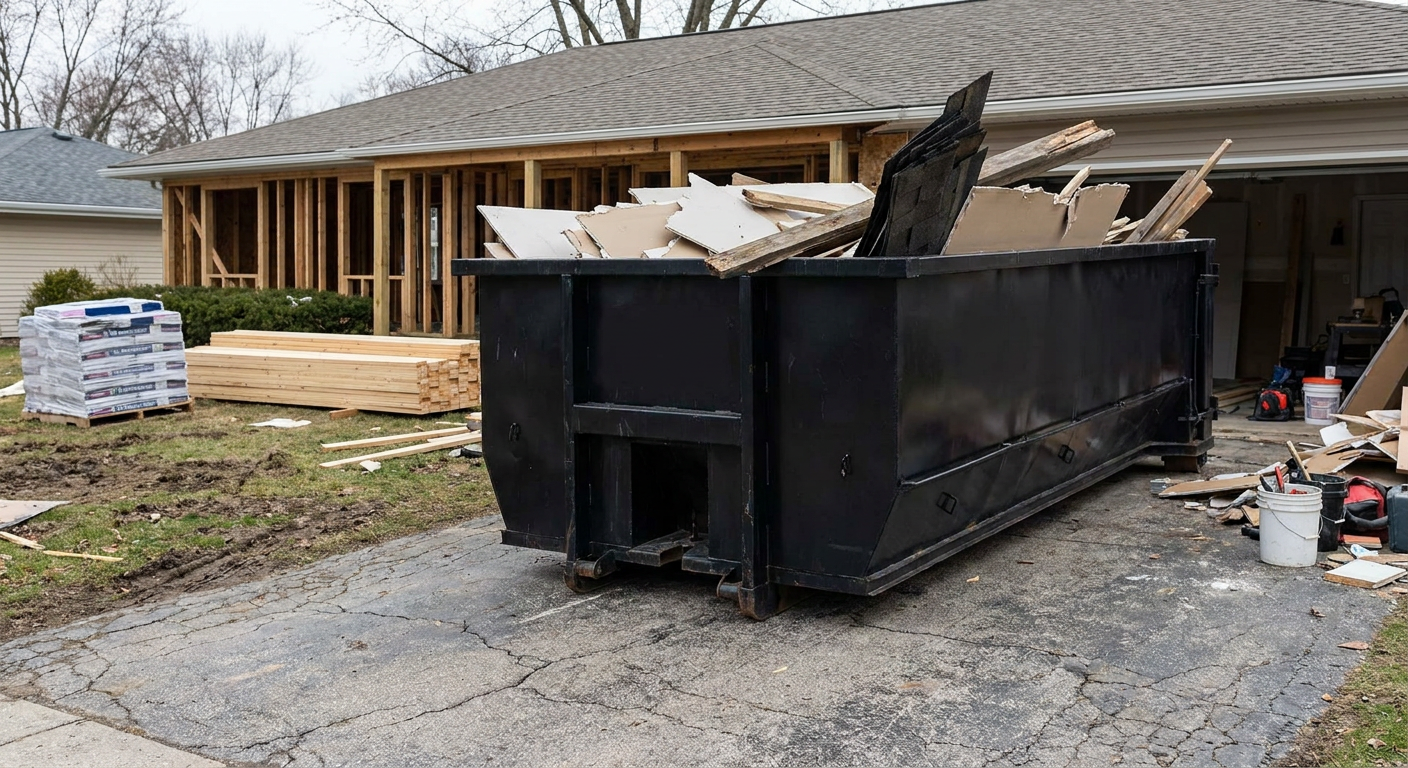 A matte-black 20-yard roll-off dumpster placed alongside a mid-renovation Brooklyn Park home directly on the asphalt driveway, with framing materials and torn-off shingles staged neatly nearby.
