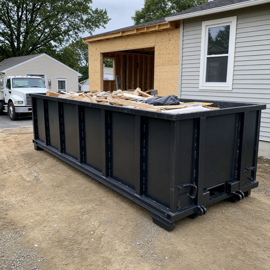 A matte-black 30-yard roll-off dumpster positioned at a Brooklyn Park residential addition jobsite, with framing lumber and drywall scraps loaded through the open swinging rear doors.
