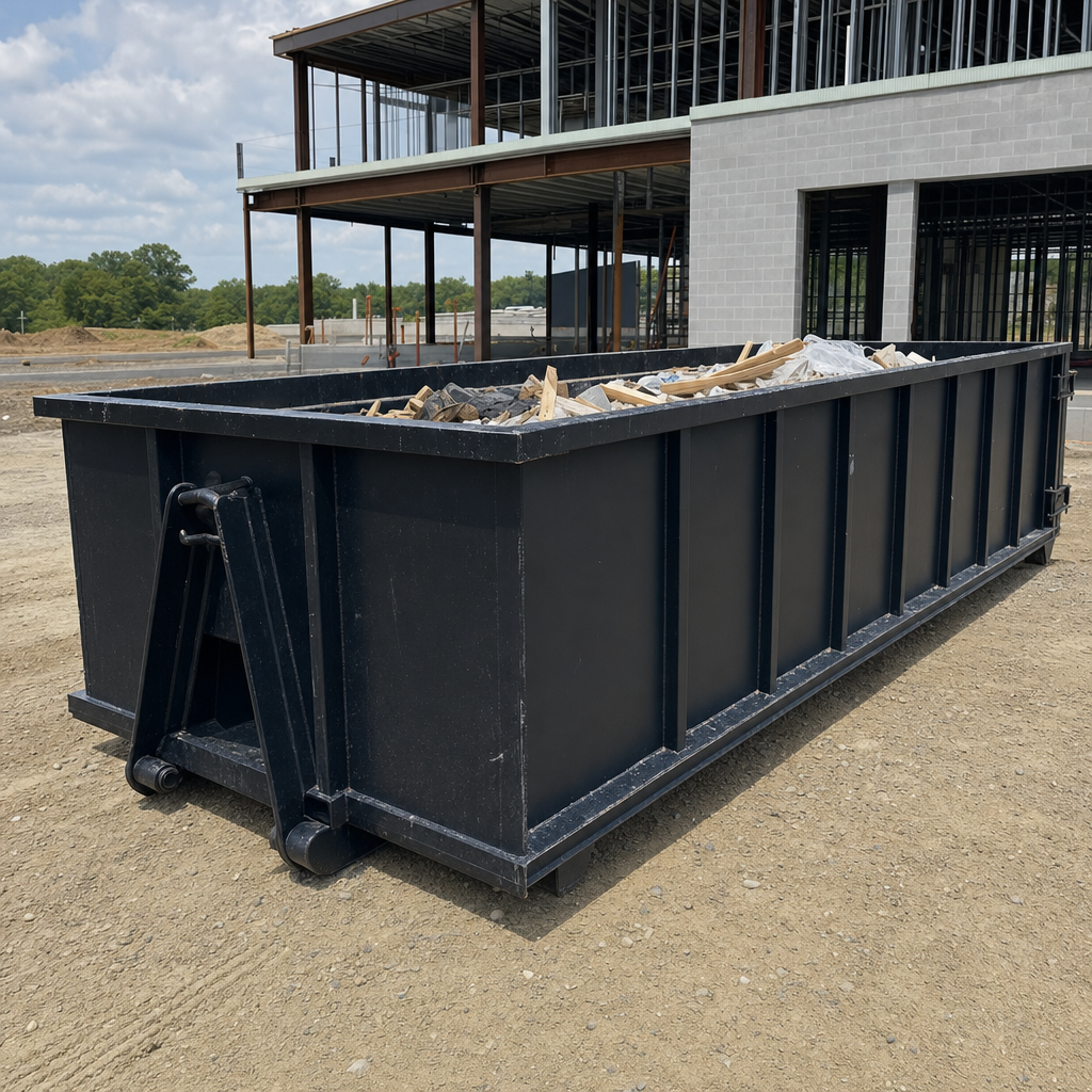 A matte-black 40-yard roll-off dumpster staged on a large Brooklyn Park commercial construction lot, with a hooklift delivery truck parked alongside under bright midday sky.