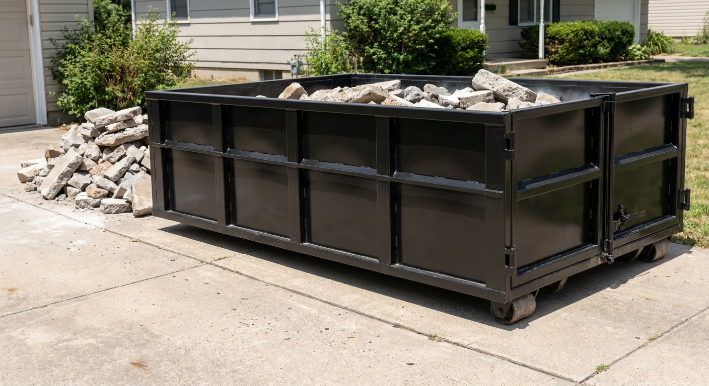 A matte-black low-side heavy-debris roll-off dumpster placed directly on a Brooklyn Park concrete driveway, with broken concrete chunks neatly stacked beside it under clean daylight.