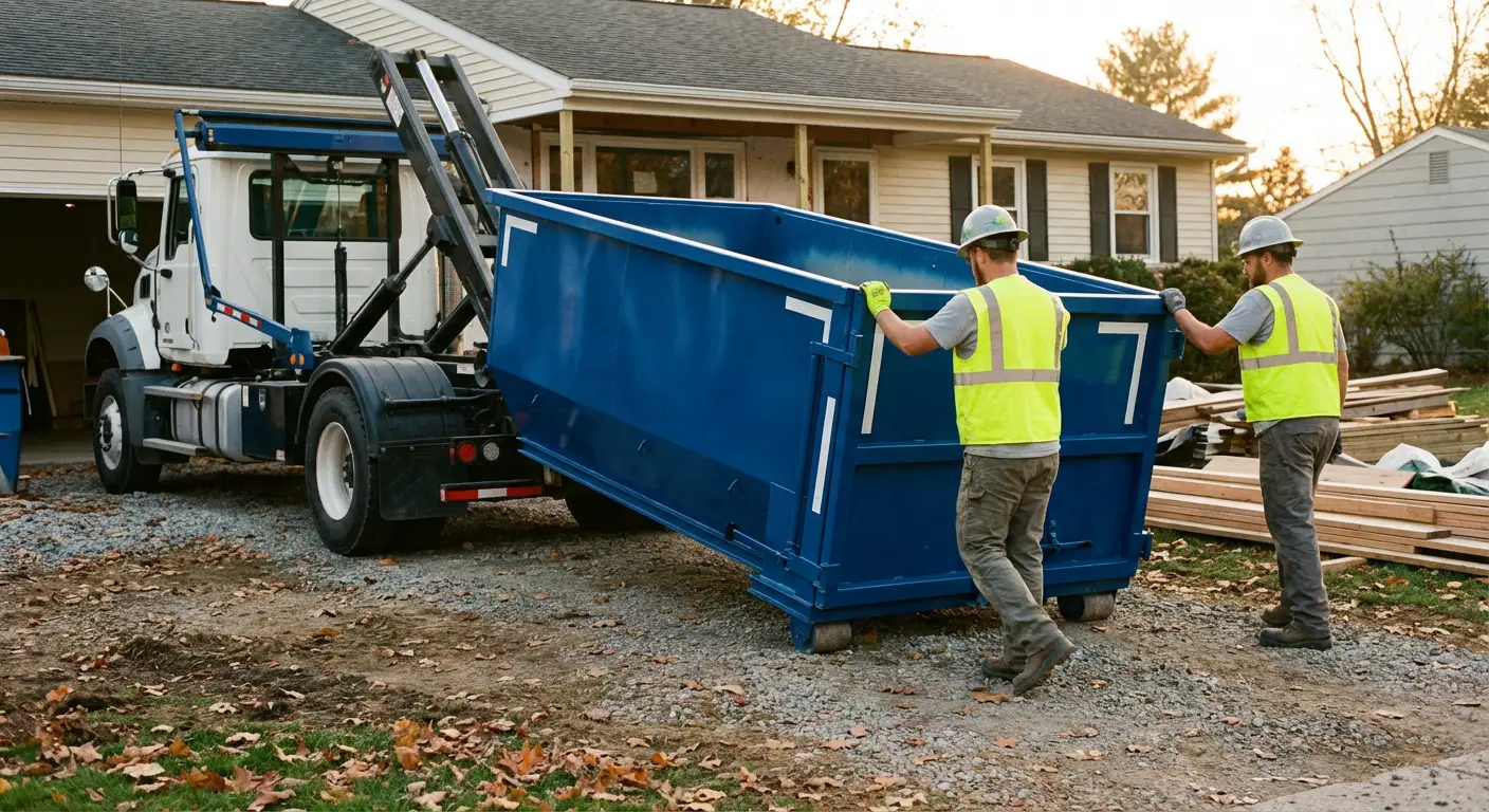 Construction dumpster delivery truck in action in Brooklyn Park, MN