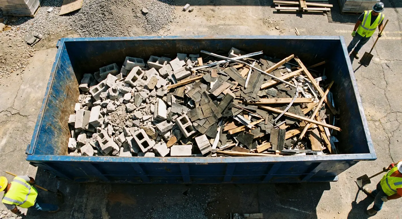 Roll-off dumpster loaded with construction debris in Brooklyn Park, MN