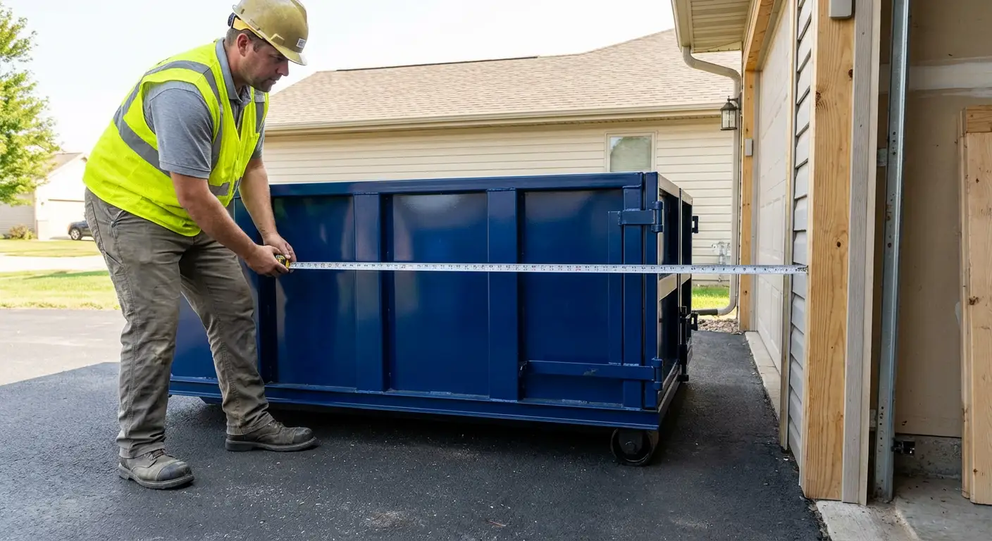 Site assessment for dumpster placement showing clearance requirements in Brooklyn Park, MN
