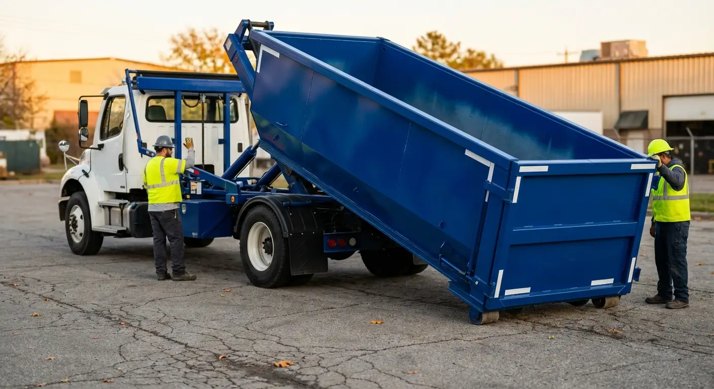 Roll-off dumpster rental truck protecting driveway surfaces in Brooklyn Park, MN