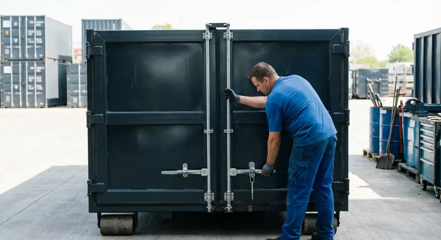 Dumpster walk-in loading door open showing easy access in Brooklyn Park, MN
