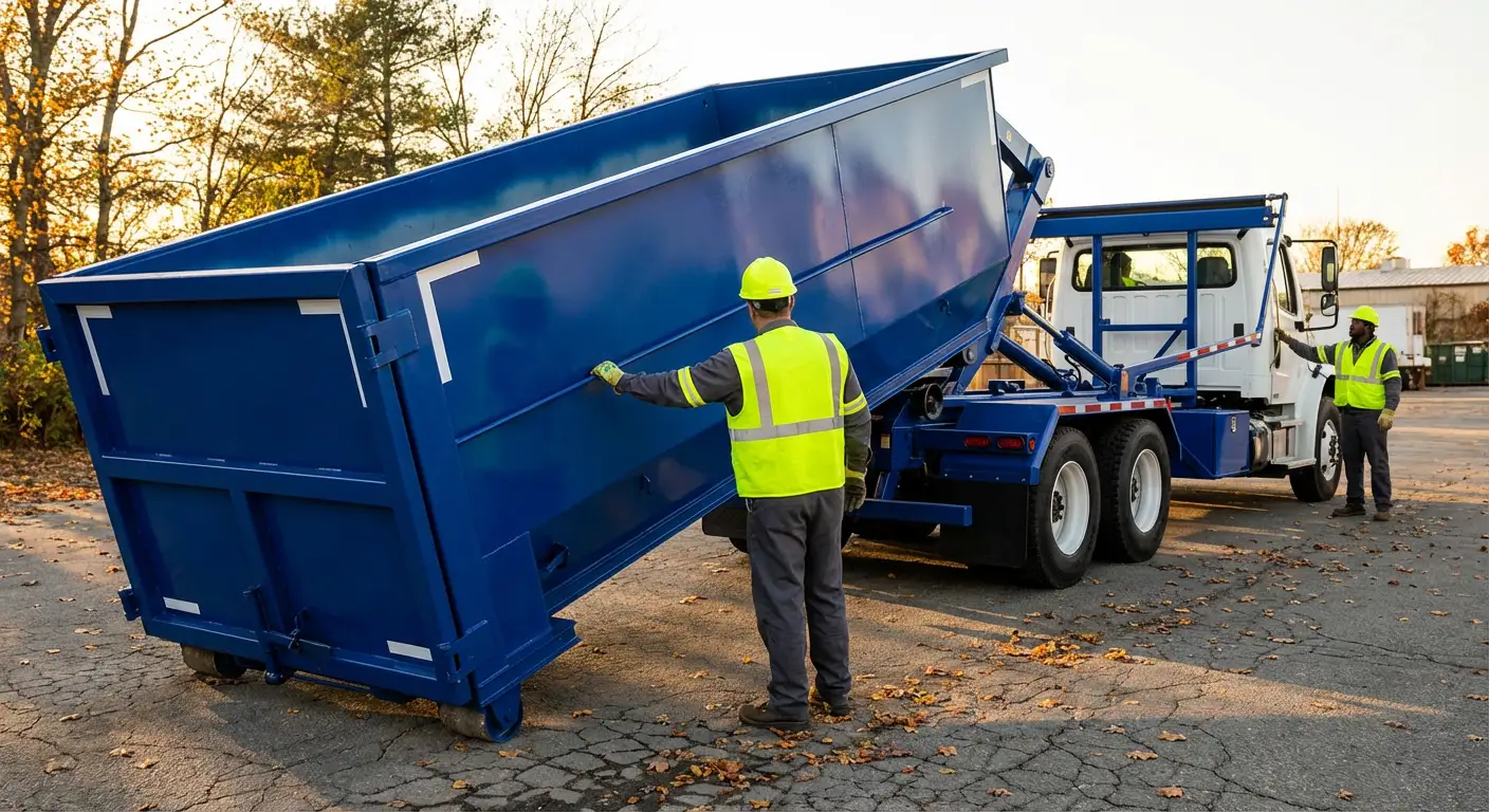 Commercial roll-off dumpster delivery truck in Brooklyn Park, MN