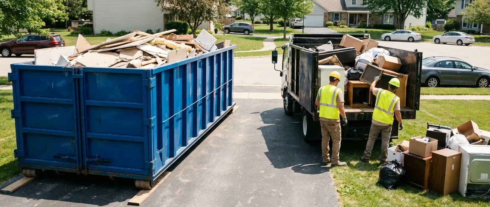 Dumpster rental versus junk removal service comparison showing capacity differences in Brooklyn Park, MN